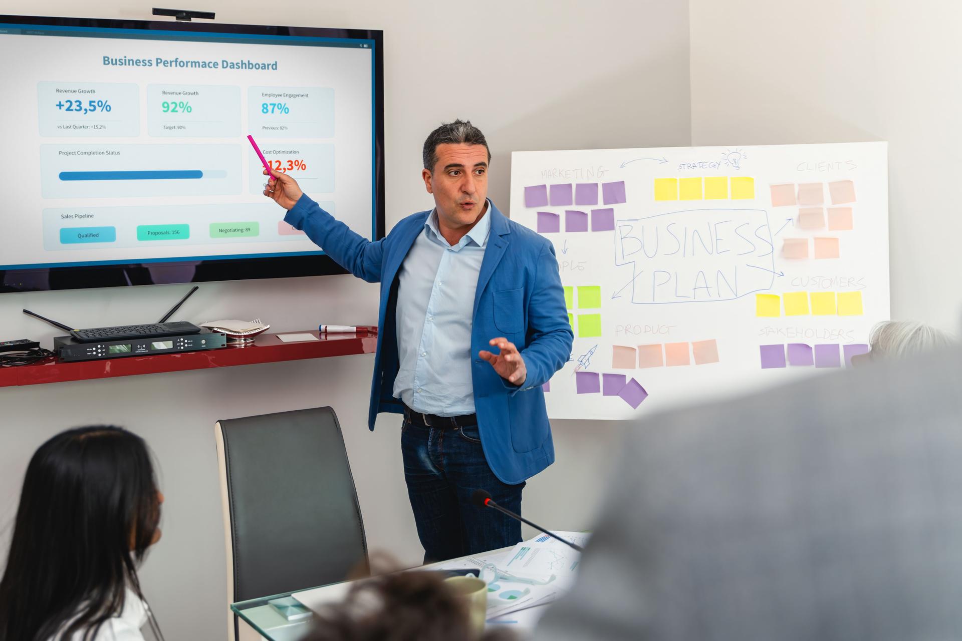 Trener A-KWADRAT Klaudia Kaczmarek prowadzi szkolenie o planowaniu biznesu. Uczestnicy analizują dane i strategię rozwoju firmy w ramach programu KFS.