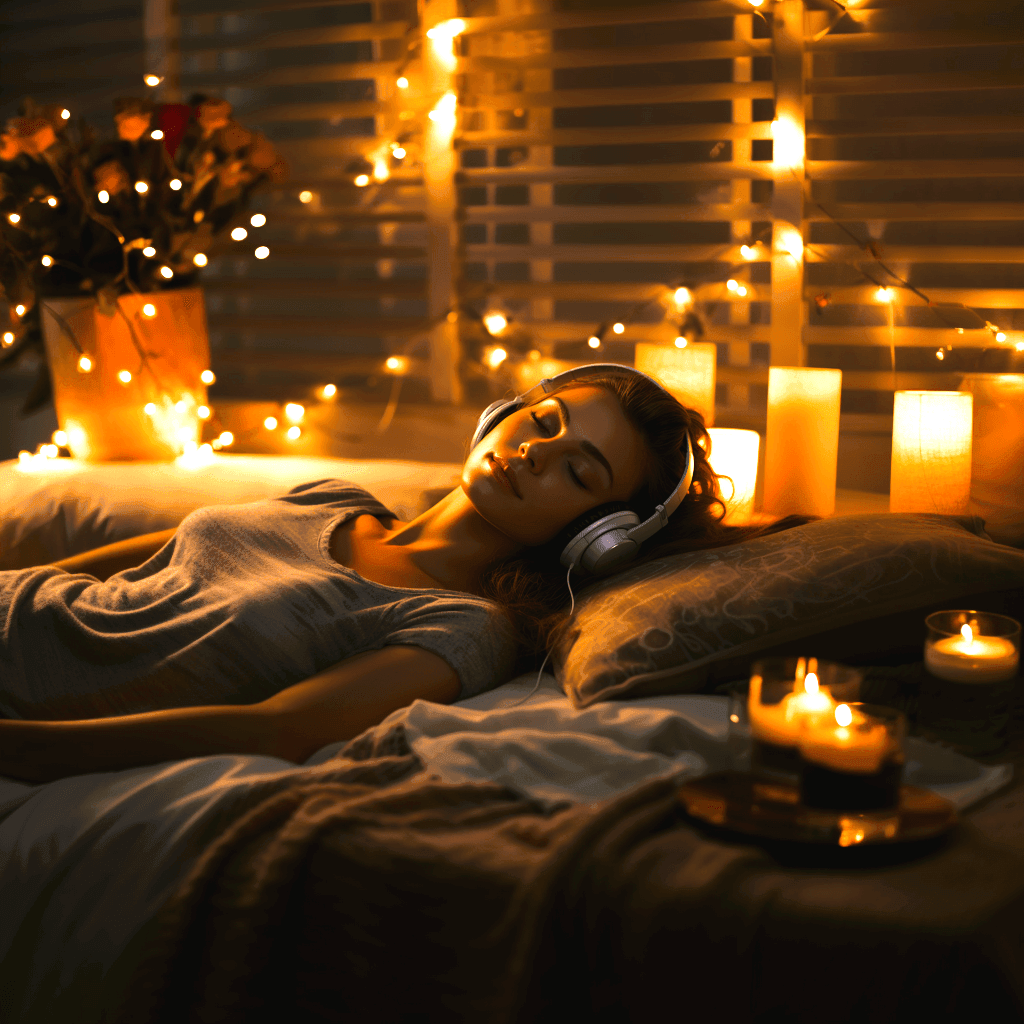 Kobieta słucha nagrania relaksacyjnego Healio Studio w słuchawkach, leżąc w ciepłym świetle świec i lampek, symbolizujących spokój i odprężenie.